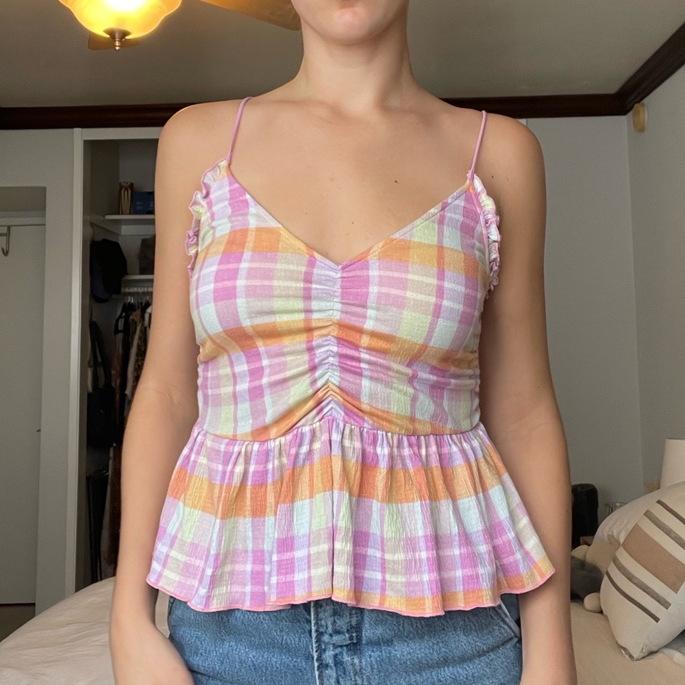 UO pink and orange plaid top
